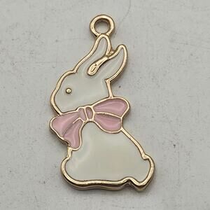 White Pink Enamel Bunny Rabbit Charm Gold Tone Pendant Jewelry Making Supply